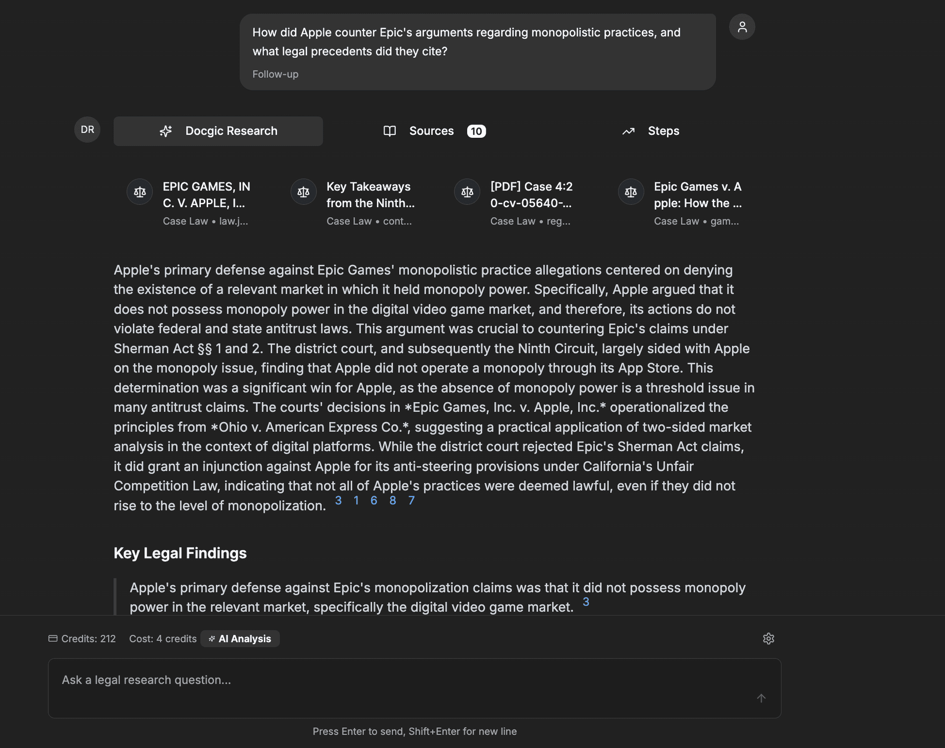 AI legal research interface showing comprehensive case analysis